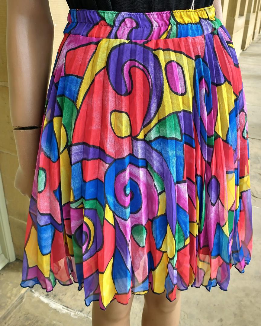 1980s bright multi coloured abstract pattern pleated ra ra short skirt elastic waist UK size 12 16